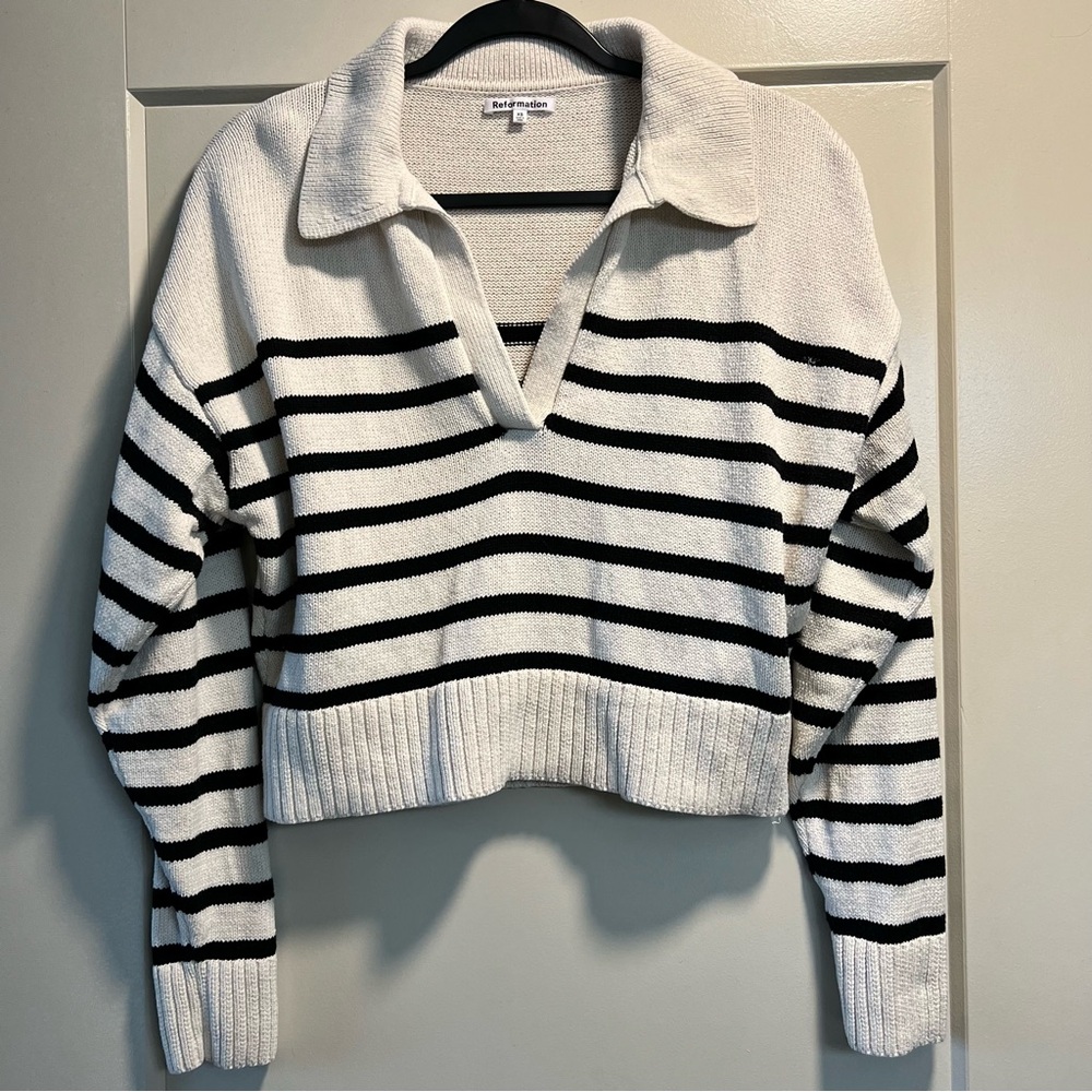 Reformation Black and Cream Striped V-Neck Sweater